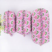 Quilted Wash Bag, Indian Handmade Floral Print Cosmetic Organizer, Hand Block Travel bag, Vanity Case, Travel bag